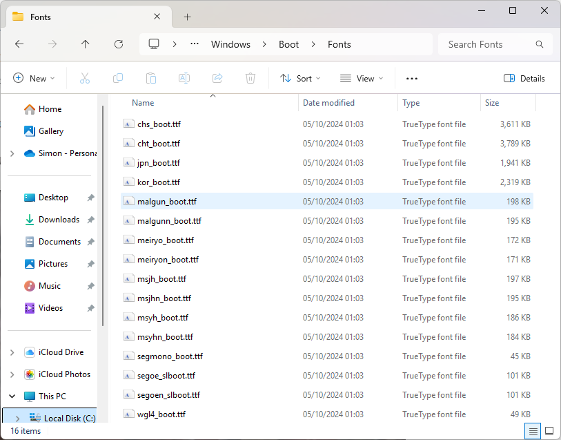 A Windows Explorer Window, showing the contents of my `Windows\Boot\Fonts` folder